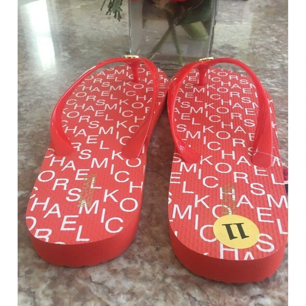 NEW MICHAEL KORS FLIP FLOP MANDARIN LOGO PRINT GOLD MK LOGO SIZE 11, $69.99